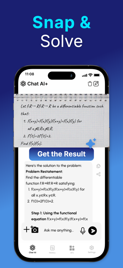 Chat+ AI: Safe & PIN-Protected - AI chatbot interface solving a handwritten math problem from a photo