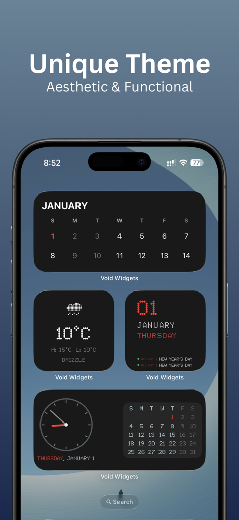Void Widgets - Retro & Minimal - Tela inicial do iPhone com widgets retrô e minimalistas estéticos para calendário, clima e hora.