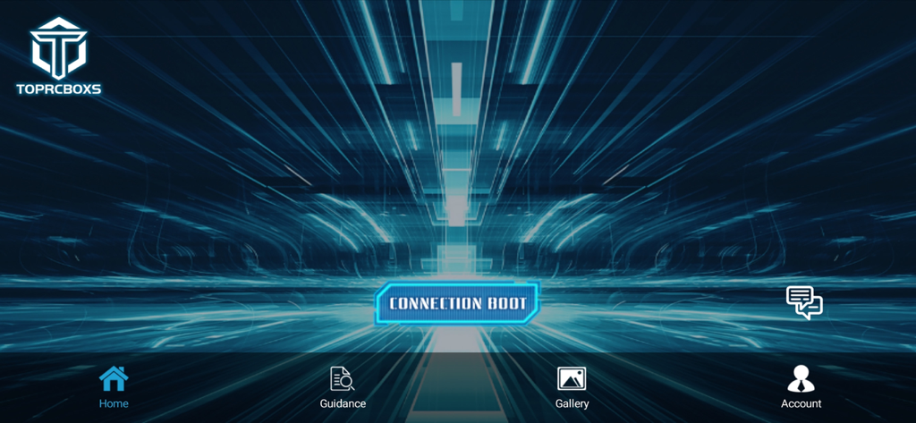 TRB FPV - TRB FPV drone app home screen featuring a connection boot button and futuristic digital interface