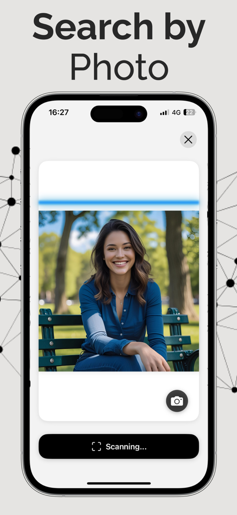 A smartphone screen showing the DeepSearch AI app using facial recognition to scan a photo and search for a person online.