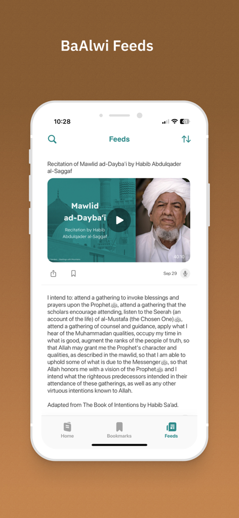 BaAlwi - Interface of the BaAlwi mobile app showing the Feeds section with a video recitation and spiritual text.