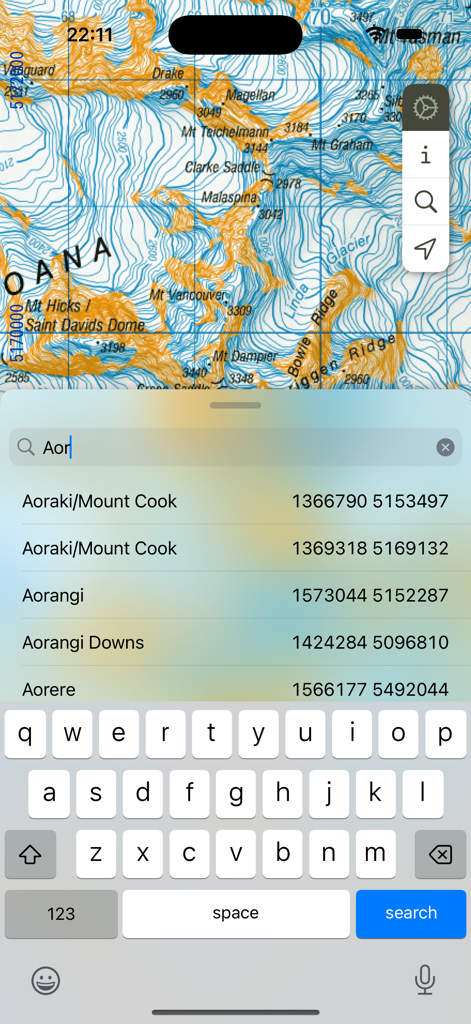 MapApp NZ South Island - Search results for Aoraki Mount Cook over a detailed topographic map in the MapApp NZ South Island app.