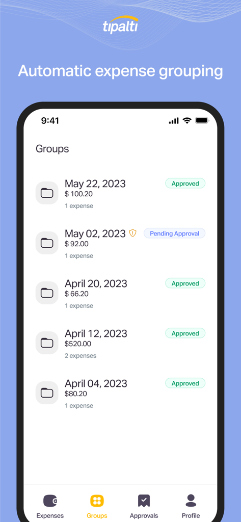 Interface do aplicativo móvel Tipalti Expenses mostrando uma lista de grupos de despesas com rótulos de status de aprovação