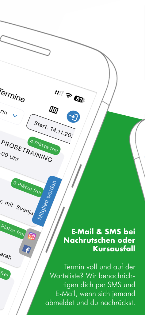 SPORTMEO Kursverwaltung & mehr - Sportmeo mobile app interface showing automated email and SMS alerts for class waitlists