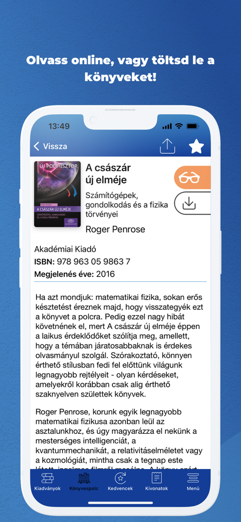 MeRSZ app screenshot showing academic book details and download options in Hungarian