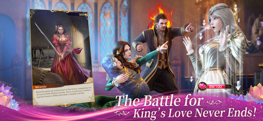 A dramatic scene in Kings Choice game showing a king involved in court intrigue and romance rivalry