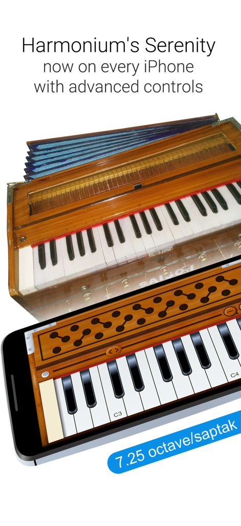 Harmonium - Official App - Un armonio de madera físico junto a un iPhone mostrando la interfaz de la aplicación de armonio virtual