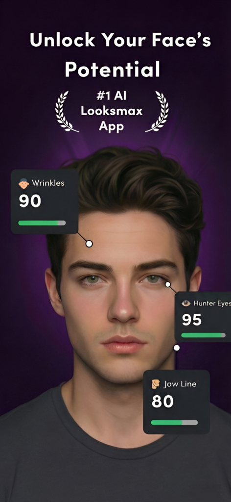 U Max: AI Looksmax Face Rating - 주름, 헌터 눈, 턱선에 대한 AI 얼굴 분석 점수를 보여주는 U Max 앱 인터페이스 (남성 얼굴)