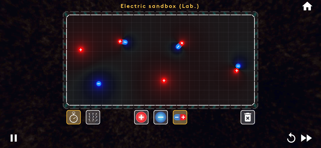 MEL VR Science Simulations - An interactive electric sandbox lab simulation showing positive and negative charges interacting on a grid within the MEL VR Science app