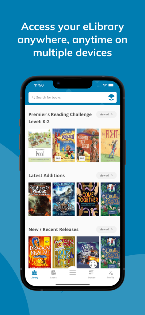 Smartphone zeigt die ePlatform Digital Libraries App-Startseite mit Buchsammlungen und Suchfunktion