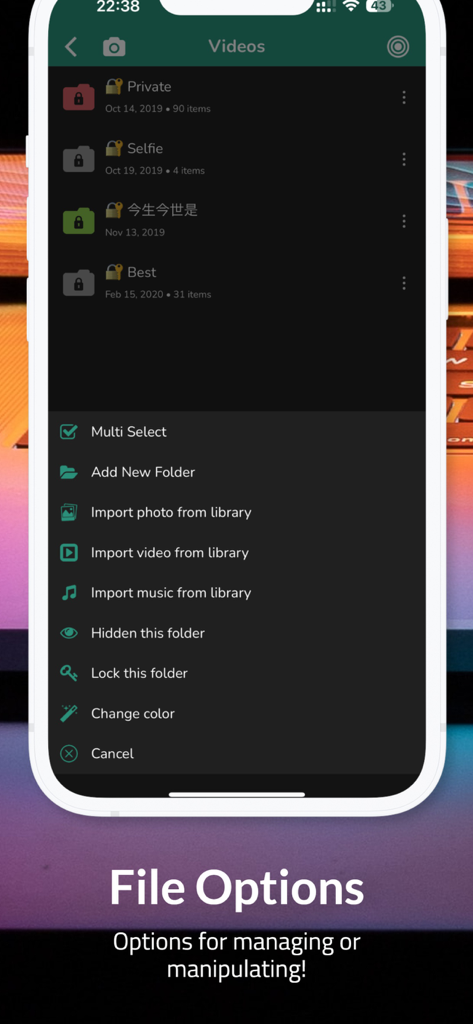 iOS File Manager app menu with folder management and privacy settings