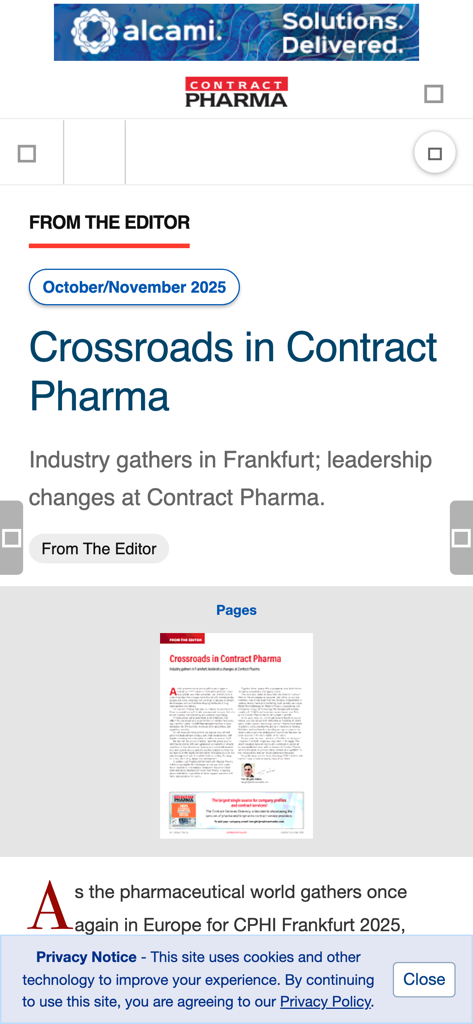 Contract Pharma - A digital editorial page from the Contract Pharma app titled Crossroads in Contract Pharma