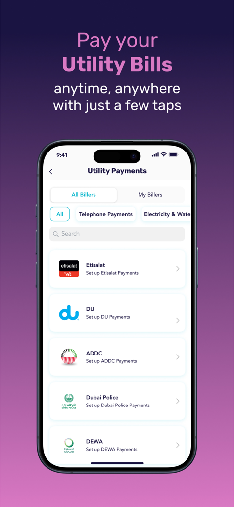 Mbank UAE mobile app utility payments screen showing billers like Etisalat and DEWA.