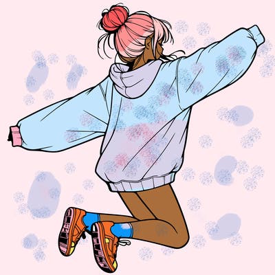 realistic girl jumping with a bun and oversized sweatshirt