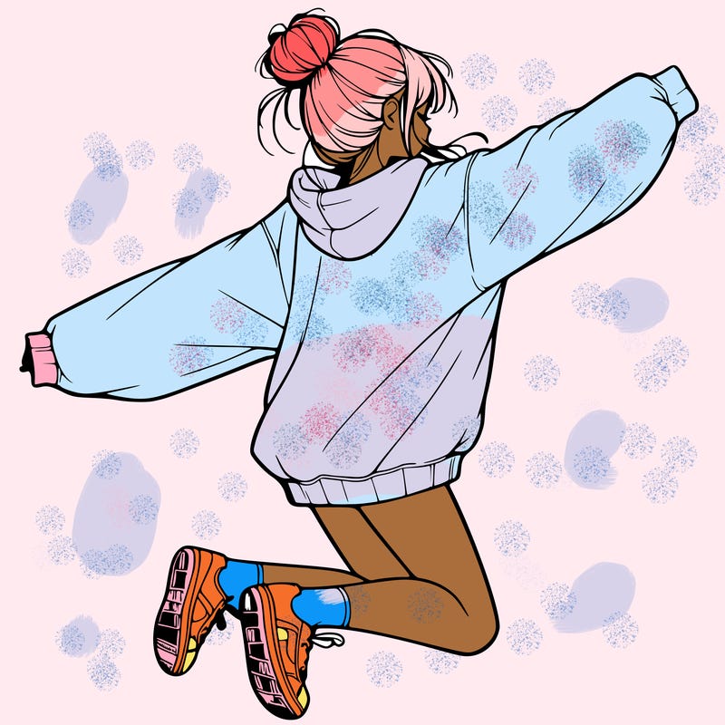 realistic girl jumping with a bun and oversized sweatshirt