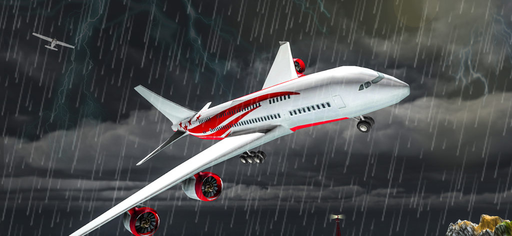 A large passenger airplane flying through a dark stormy sky with rain and lightning