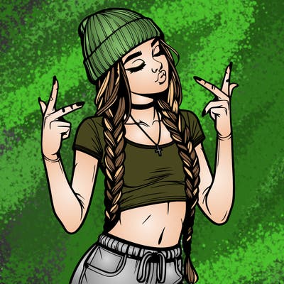 realistic teenage girl with braids and a beanie and crop top doing 🫶🏼
