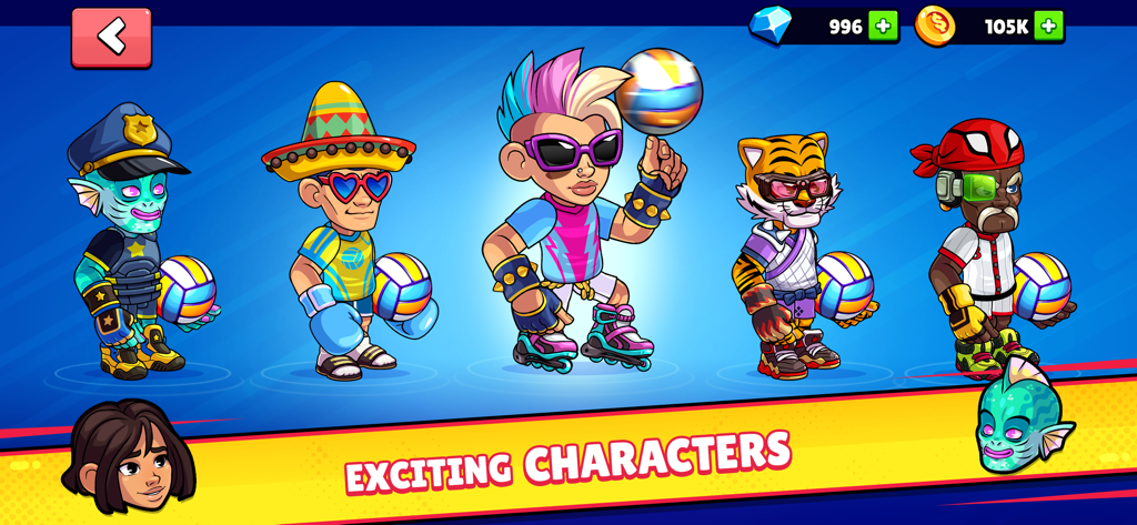 Volleyball Arena: Spike Hard - A selection of colorful and diverse stylized characters holding volleyballs in Volleyball Arena