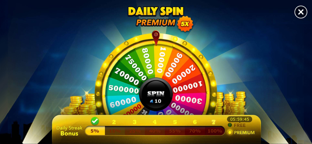 A colorful daily spin wheel in Capsa Banting showing potential coin rewards and a daily streak bonus progress bar.