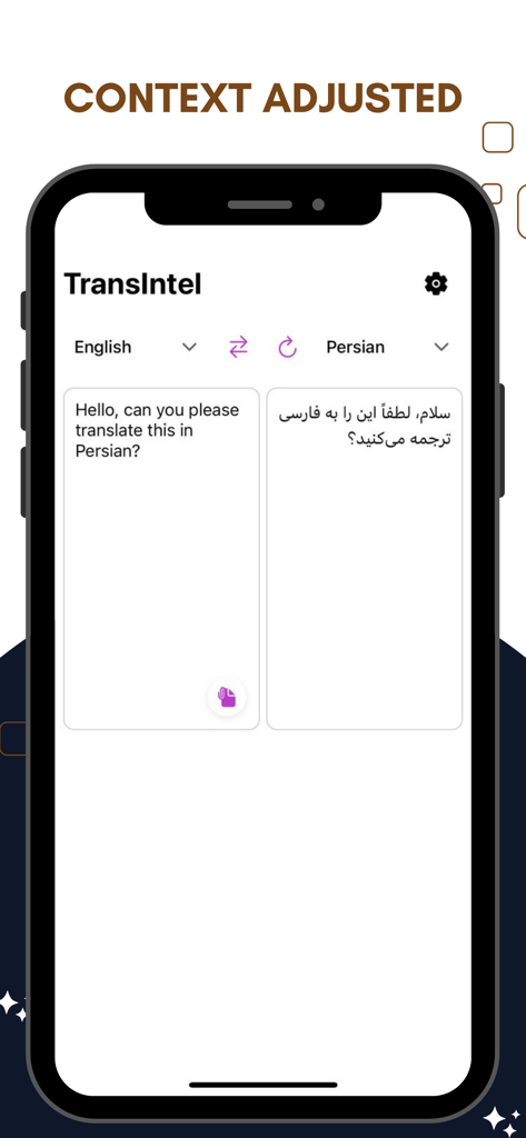 TransIntel - Translation AI - TransIntel AI app interface demonstrating context adjusted translation from English to Persian.