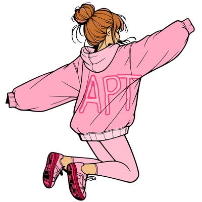 realistic girl jumping with a bun and oversized sweatshirt
