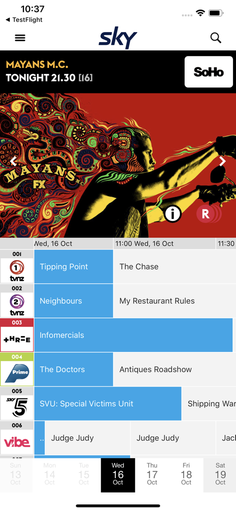 SKY TV GUIDE - Interfaz de la aplicación móvil Sky TV Guide que muestra horarios de canales y banner de programa destacado