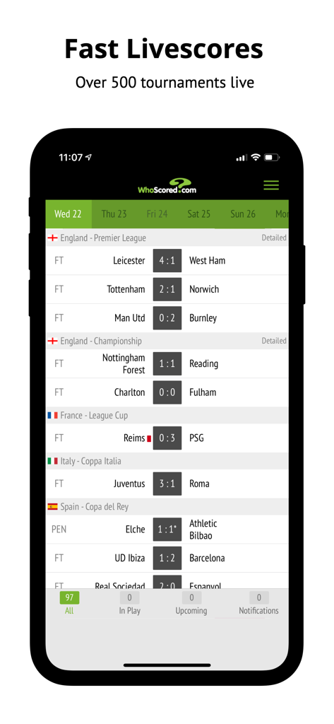 WhoScored Football Live Scores - WhoScored app interface showing live soccer scores and match results from various global tournaments