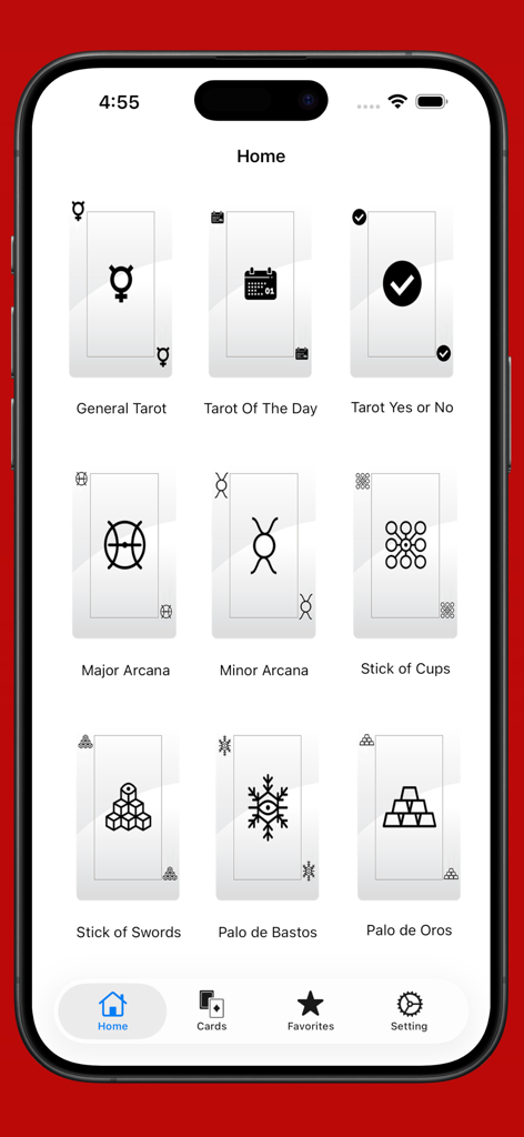 Tarot cards with meaning - Home menu of the Tarot cards with meaning app showing various reading categories like Daily Tarot and Major Arcana.
