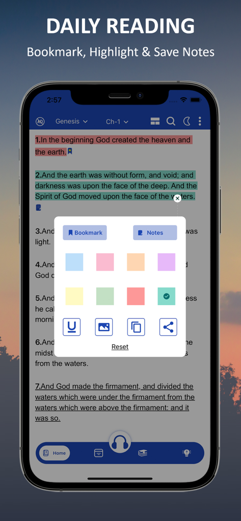Daily reading screen of the NLT Bible app showing highlighting and bookmarking tools