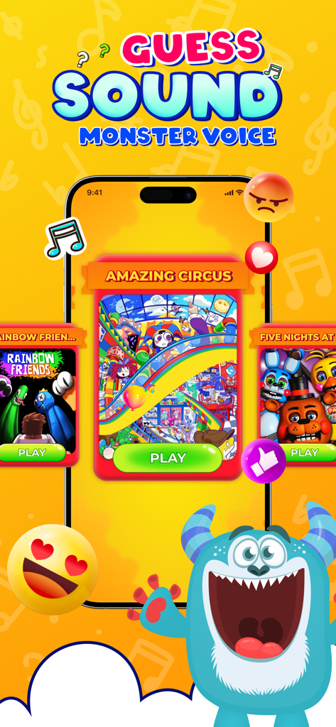 Menu di gioco di Guess Sound Monster Voice che mostra vari temi di mostri come Amazing Circus e Rainbow Friends.
