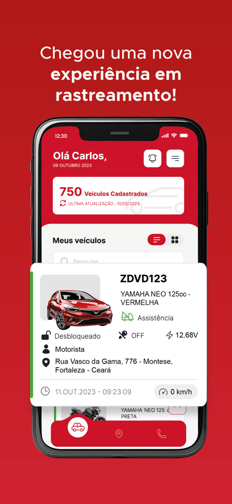 Rastro System 3.0 app interface displaying real-time vehicle status and location data