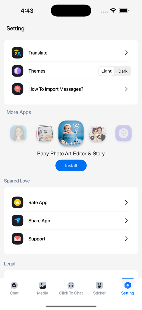 Chat Backup Restore - The settings menu of the Chat Backup Restore app featuring options for translation themes and import instructions