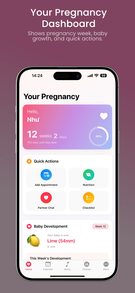 MaMaTrack: Mom's Journey - Panel de la aplicación MaMaTrack que muestra el progreso del embarazo y el desarrollo del bebé como una comparación del tamaño de una lima