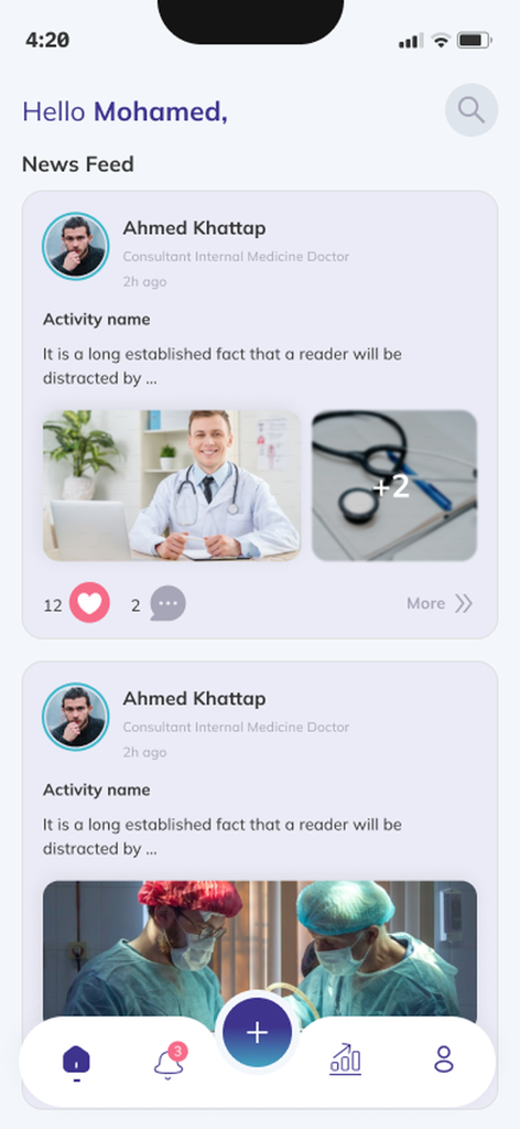 iLog - The iLog app news feed displaying social activity posts and updates from medical professionals.