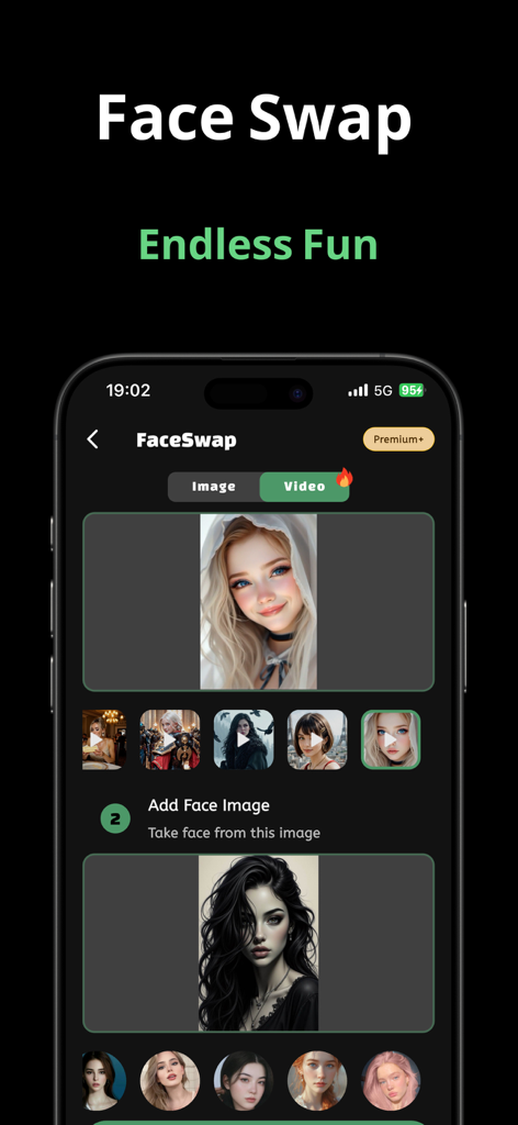 Chatter: Chat, Art, Face Swap - Interface mobile de l'application Chatter proposant des outils de swap de visage IA pour les images et les vidéos.