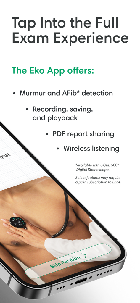 Smartphone screen showing Eko app features like murmur detection and wireless listening during a cardiac exam