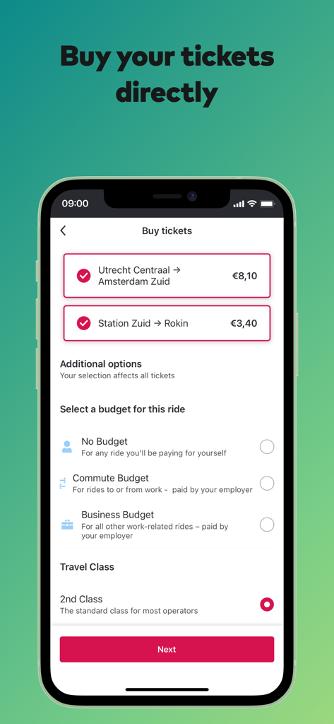 Glimble: public transport - Glimble mobile app interface showing the direct ticket purchase screen for Dutch public transport with travel class and budget options