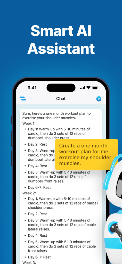 ChatAI Assistant - Chat AI Bot - ChatAI Assistant app interface generating a personalized one month workout plan for shoulder muscles