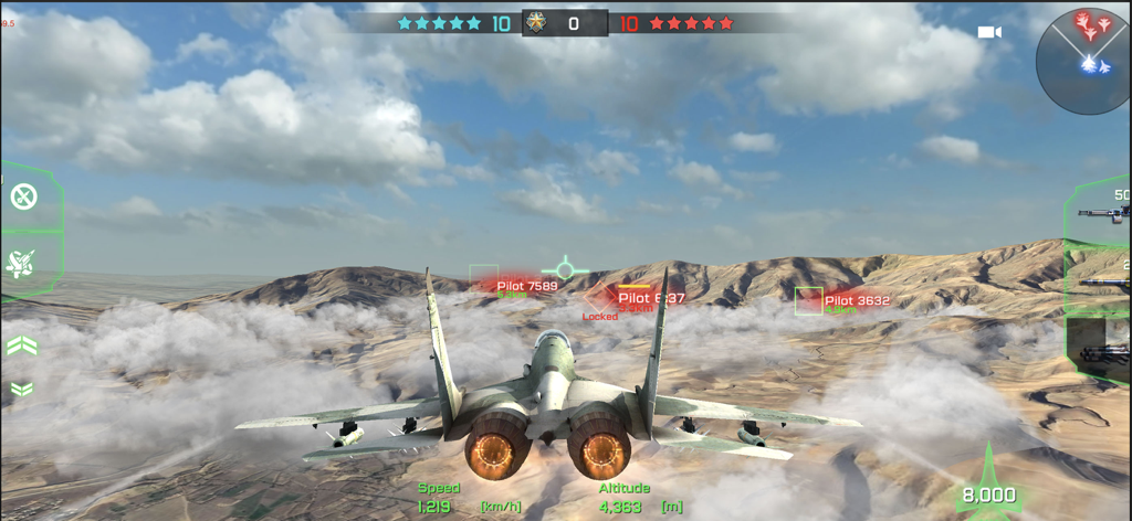 ACE Fighter: Modern Air Combat - Gameplay of ACE Fighter Modern Air Combat showing a fighter jet in a dogfight over mountainous terrain