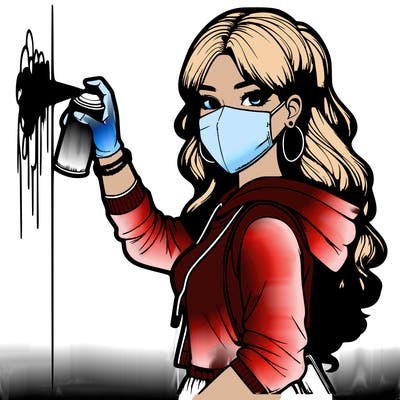 realistic girl with mask spray painting a wall