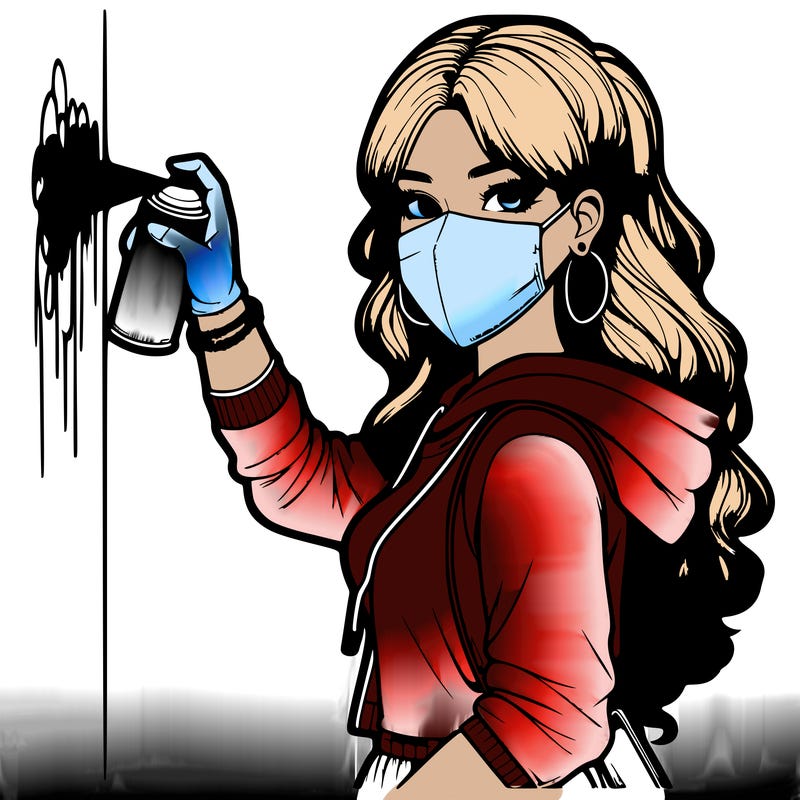 realistic girl with mask spray painting a wall