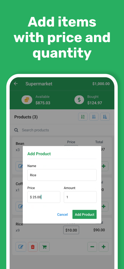 Grocery Shopping List - Listay - Interface of the Listay app showing a popup to add a product name price and amount for budget tracking