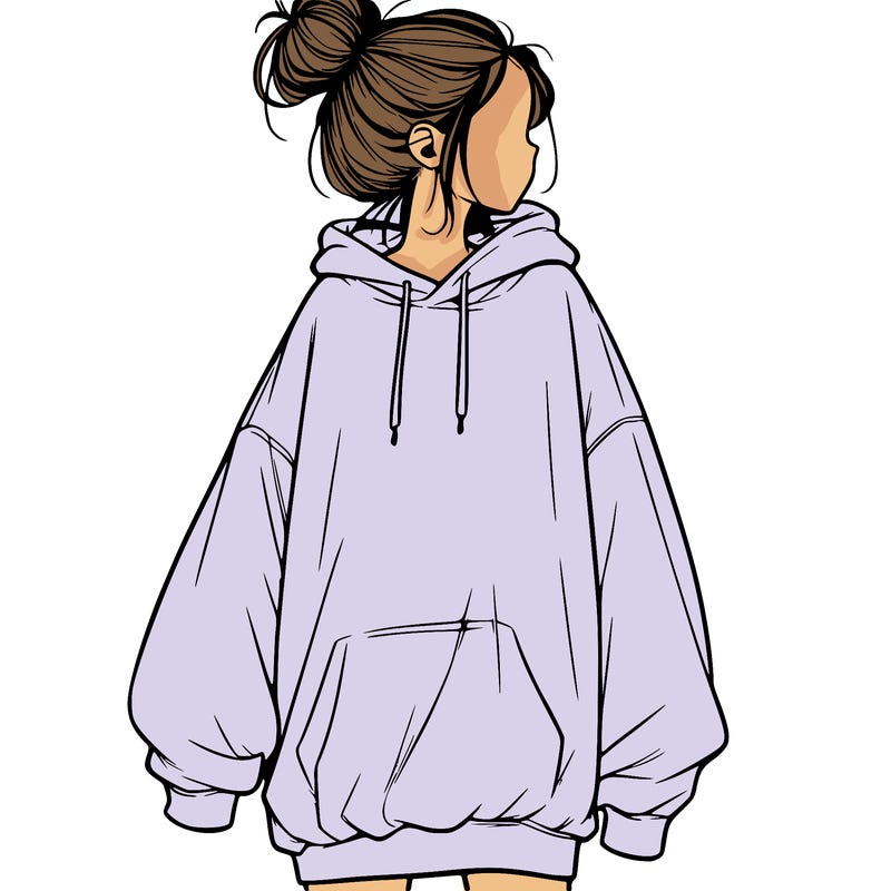 realistic girl with a oversized sweatshirt on and a bun