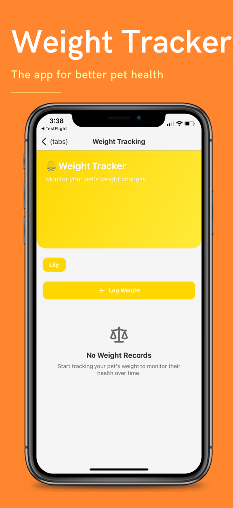 Pet Meds Reminder - iPhone上のPet Meds Reminderアプリの体重追跡機能のスクリーンショット