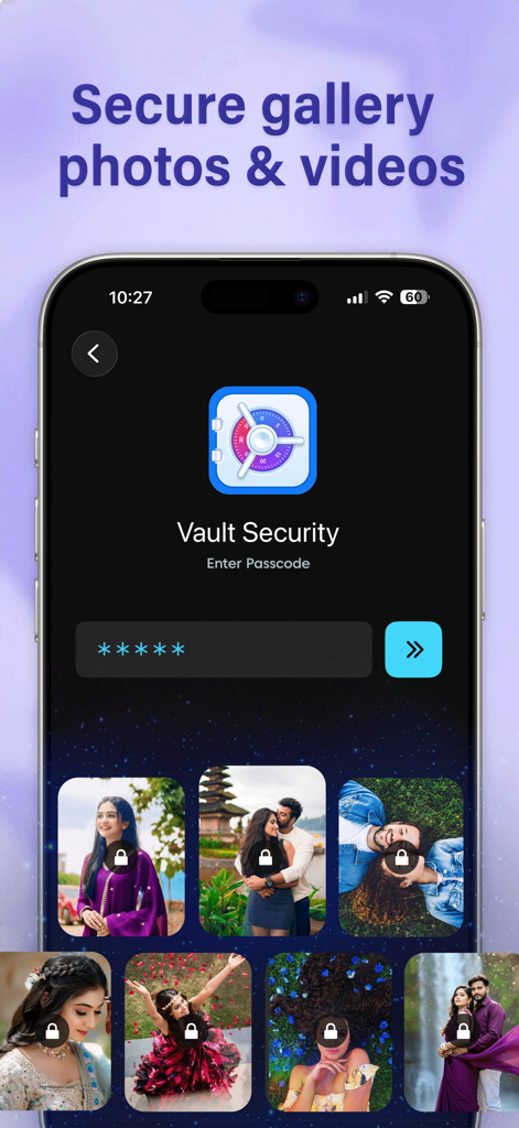 Gallery Vault - Hide Photos - Gallery Vault app interface showing a secure passcode entry for hidden photos and videos