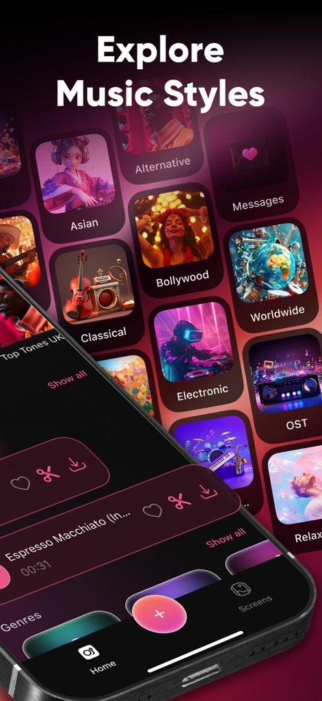 Ringtones Maker & Wallpapers - Screenshot of the Ringtones Maker app showing a variety of music genre categories like Bollywood, Electronic, and Classical for custom ringtone selection.