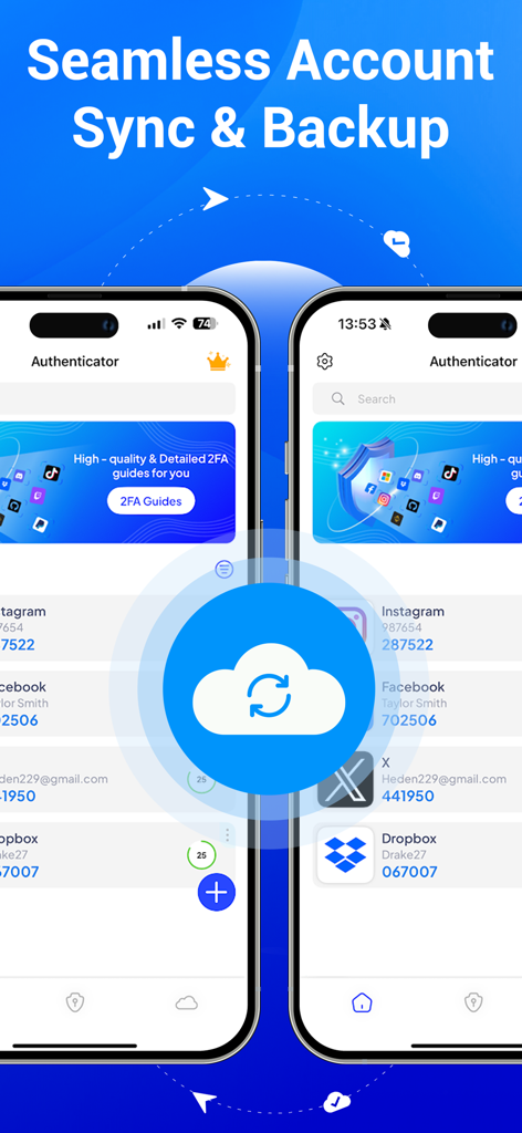 Authenticator App | 2FA Auth - Interfaz de la aplicación de Autenticación que muestra sincronización de cuentas sin problemas y copia de seguridad en la nube para códigos de seguridad