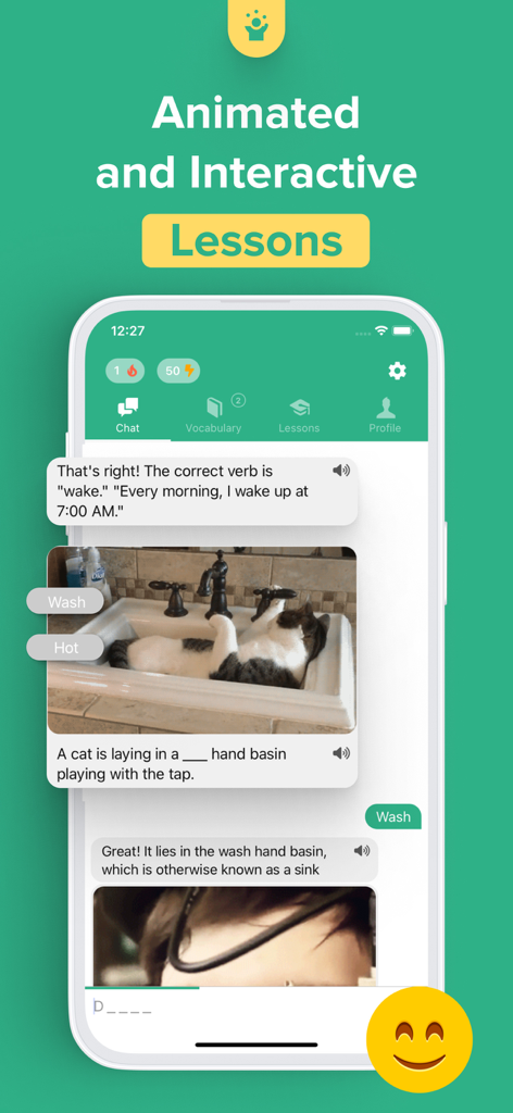 Andy English Language Learning - 画像プロンプトと選択式の問題を使った、インタラクティブな文法レッスンを表示するアンディ英会話アプリのチャット画面
