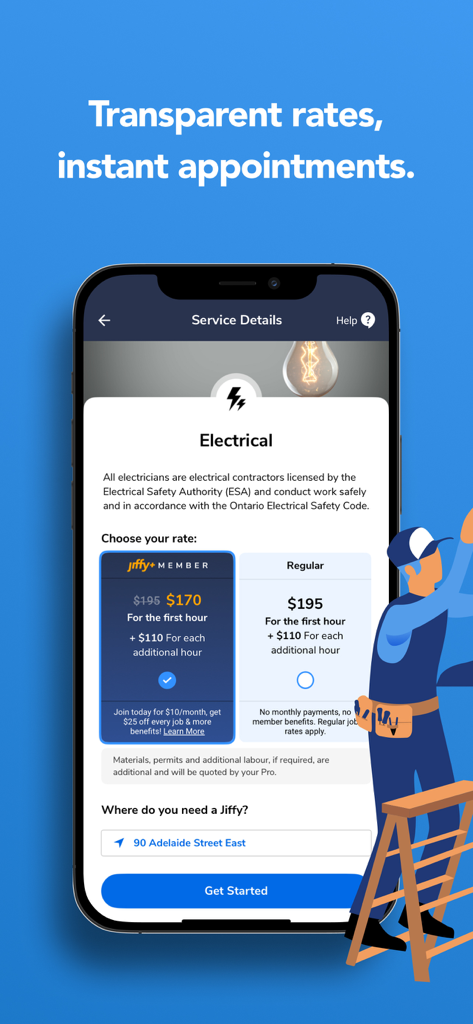 Jiffy - Schermata dell'app Jiffy che mostra opzioni di prezzo trasparenti per i servizi elettrici domestici