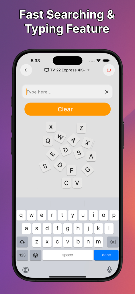 Android TV Remote Control. - Interfaz de la aplicación Control Remoto Android TV mostrando la función de búsqueda y escritura rápida en un iPhone